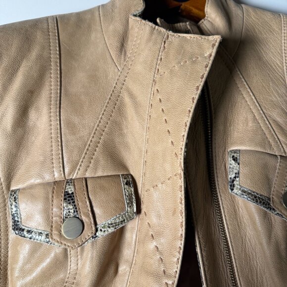 ETCETERA Leather Jacket- Sz 2 Tan with Snakeskin Look Trim, Deco Stitching,... - Picture 3 of 12